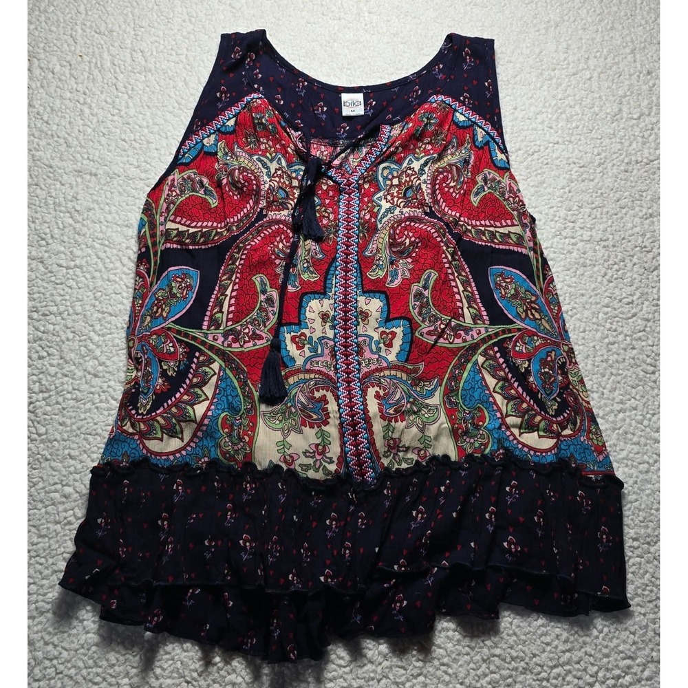 Bila Womens Boho Paisley Sleeveless Tassel Tie Ruffle Hem Rayon Tank Top Medium